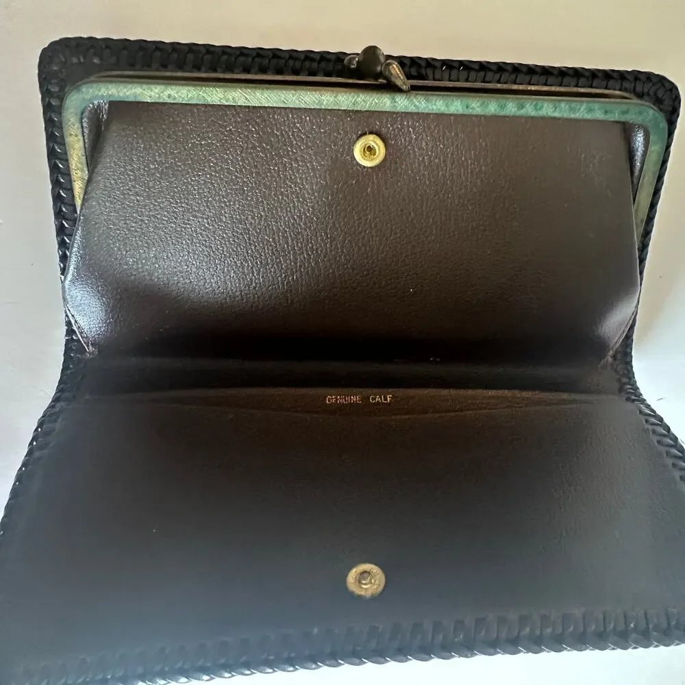 Vintage Brown Calf Leather Whipstitched Wallet with Double Kisslock VTG